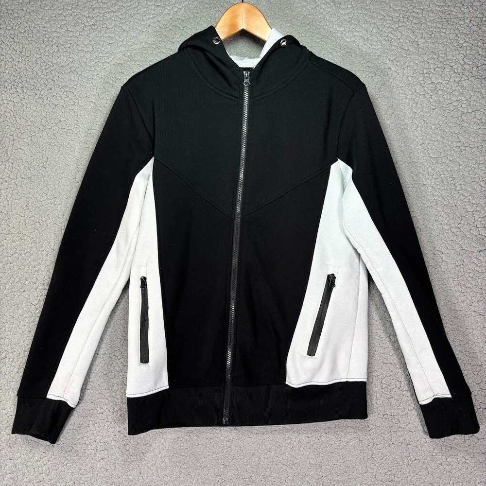 Amongst Others Full Zip Fleece Hoodie Mens Size M Black White Pockets FLAWS*